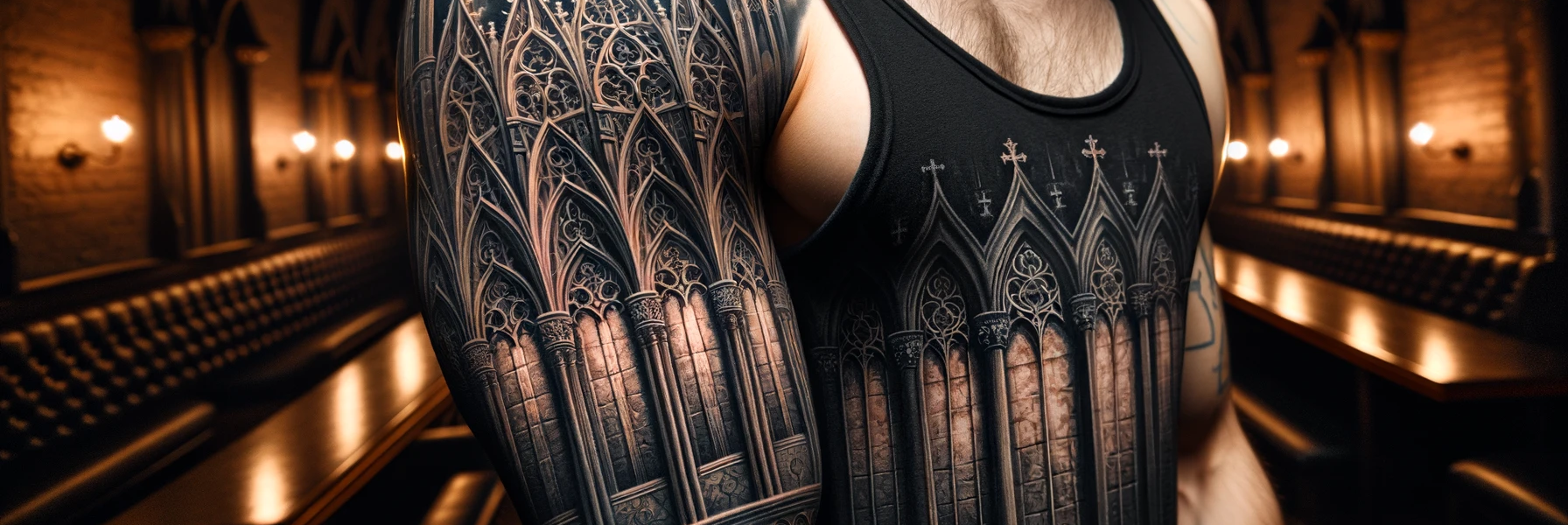 Tatuaż wykonany w stylu gotyckim na całej długości ręki męskiej
