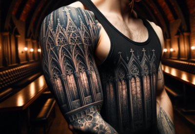 Tatuaż wykonany w stylu gotyckim na całej długości ręki męskiej