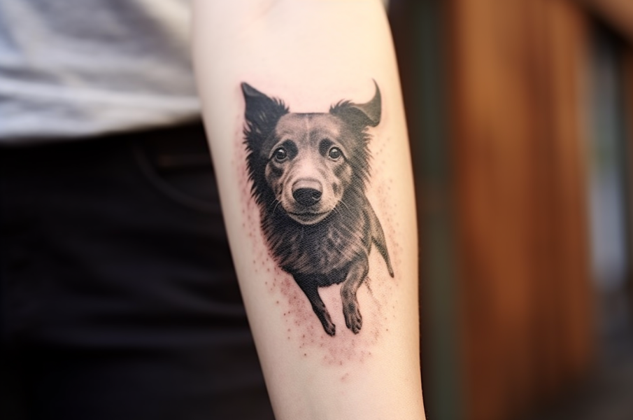 Na ramieniu osoby widoczny jest tatuaż przedstawiający głowę psa, z precyzyjnym cieniowaniem oddającym szczegóły sierści i wyraziste oczy zwierzęcia