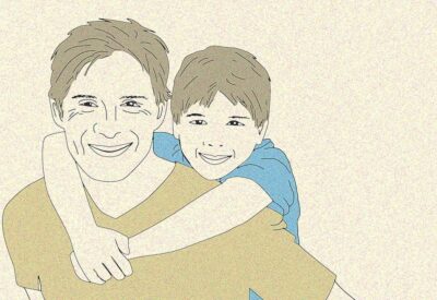 Na tym serdecznym obrazku widoczny jest ojciec trzymający swojego syna na rękach. Ojciec i syn patrzą na siebie z uśmiechem, a ich spojrzenia pełne są miłości i bliskości. To wzruszający widok relacji między rodzicem a dzieckiem, podkreślający więź i zrozumienie między nimi